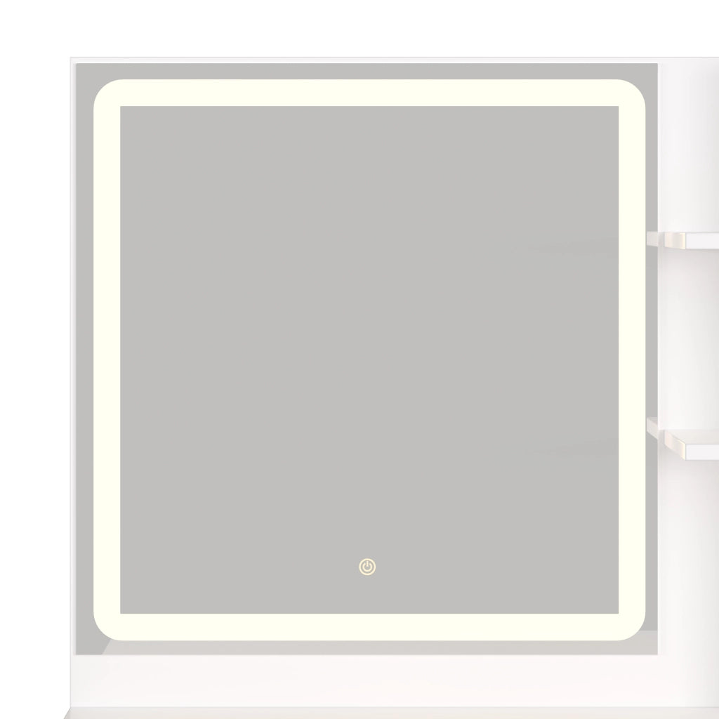 Toeletta con specchio LED, 8 cassetti, vetrina in vetro, prese USB e USB-C, bianca, 131.5 × 40 × 140 cm
