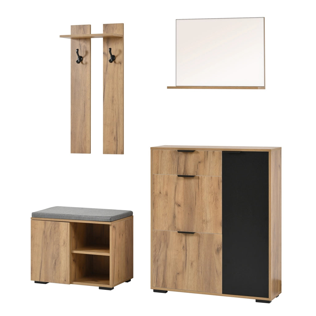 Set di mobili da ingresso con panca scarpiera scarpiera con specchio e ganci in pannello di particelle naturale e nero