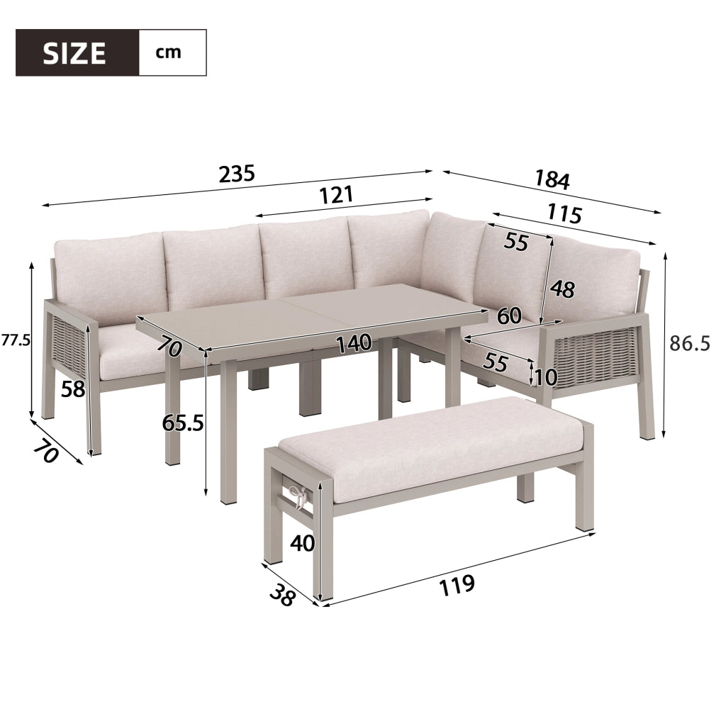 Set da Giardino 8 Posti con Tavolo e Divano ¨C MINIMAL ¨C Polyrattan PE, Piano in Vetro, Khaki