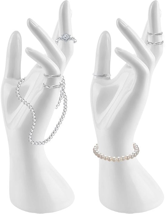Display stand per bracciale, 2 pezzi di sostegno per gioielli, manichino mano, display per anelli sostegno per gioielli, modello mano femminile, sostegno per collane anelli bracciali (bianco - 2 pezzi)