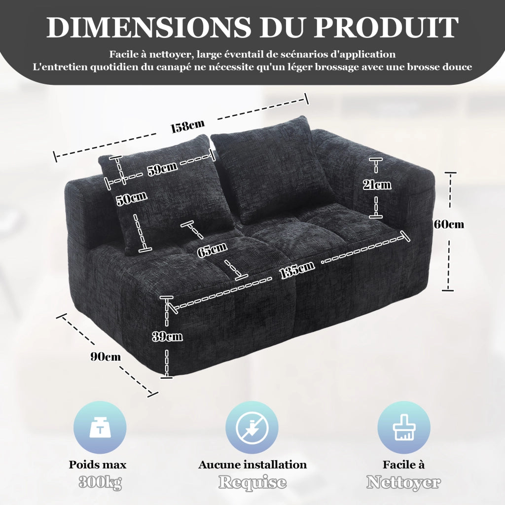 Divano 2 Posti con Tasche Laterali e Cuscino; Stile Chaise Longue in Ciniglia Nero 158 x 90 x 60 cm