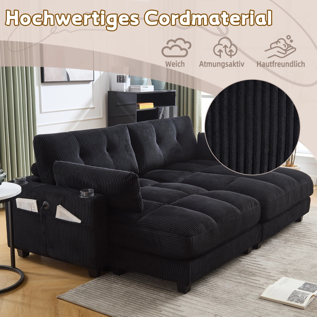 DIVANO 2 posti modulare 224x140x81 cm in corduroy nero con USB e cuscini