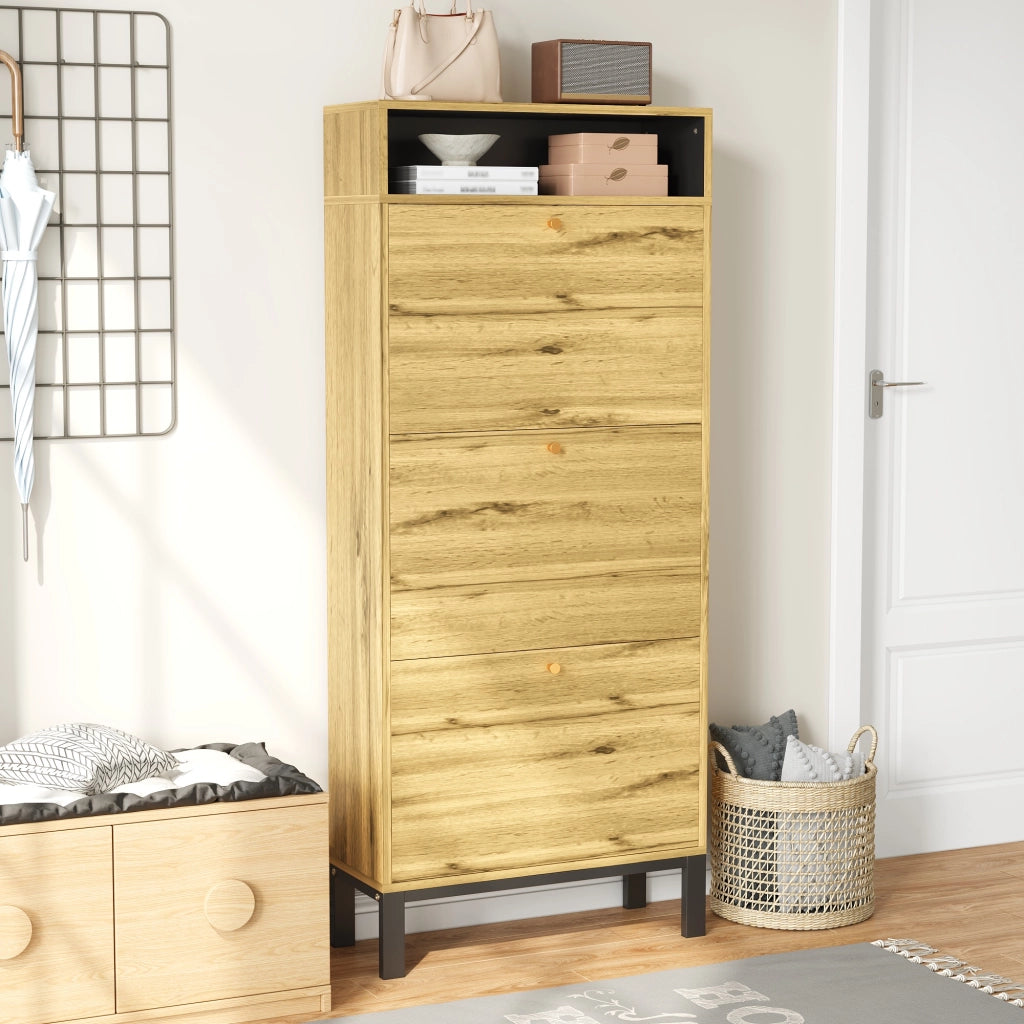 Mobile Scarpiera con 3 Ante a Ribalta e Vani Aperti; Stile Japandi; in MDF; 63×24×147 cm; Naturale