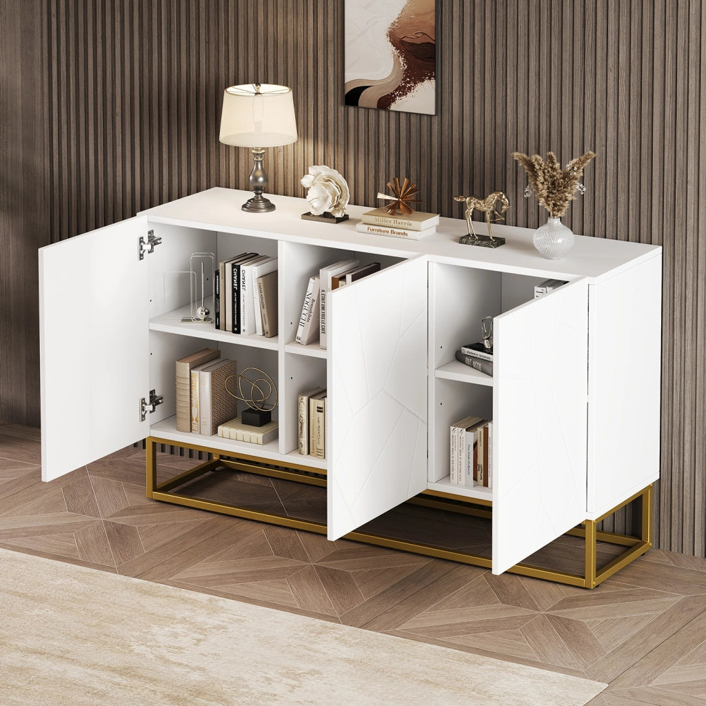 Credenza con 3 ante e ripiani regolabili, frontali lucidi, per soggiorno e ingresso, 130 × 35 × 76 cm, bianco e oro