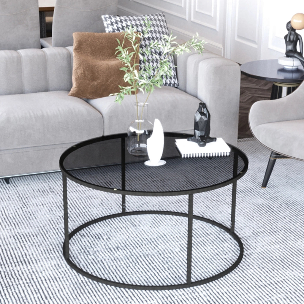 Tavolino Rotondo Kolari da Caffé con Piano in Vetro Temperato (AxØ) 45 x 80 cm - Fumé Grigio [en.casa]