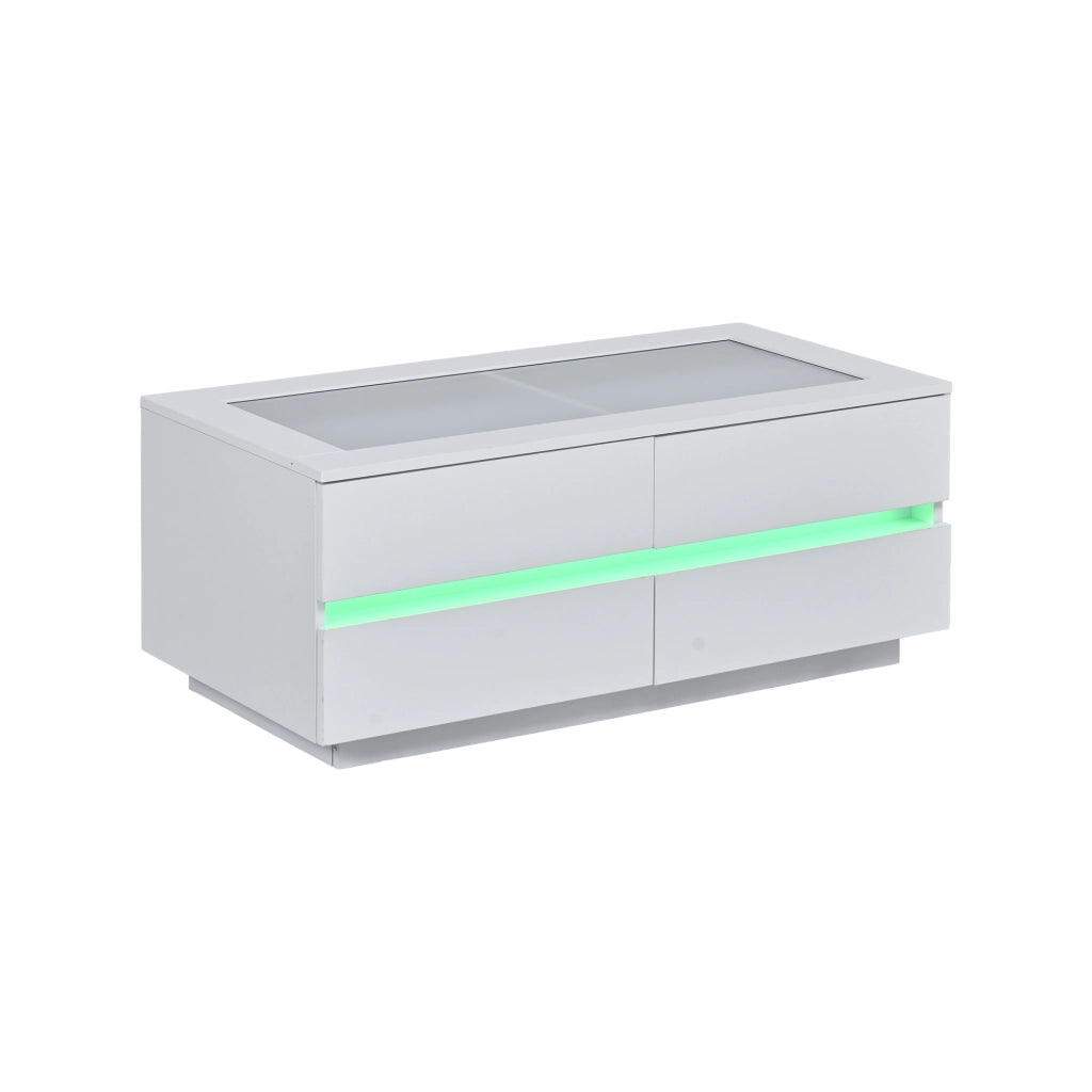 Tavolino da caff¨¨ bianco 100x50x40 cm con 4 cassetti, piano in vetro temperato, illuminazione LED e frontali lucidi