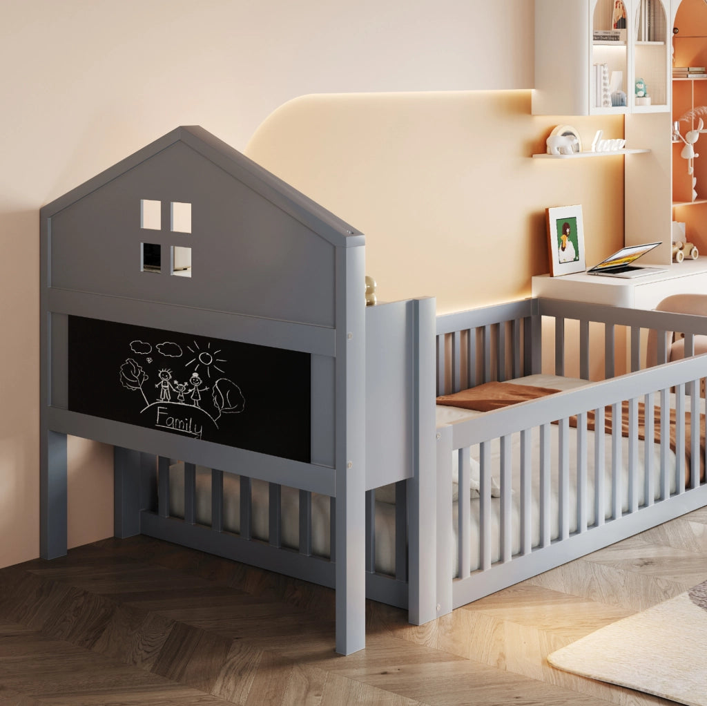 Letto per bambini a casetta 90x200 cm grigio con lavagna