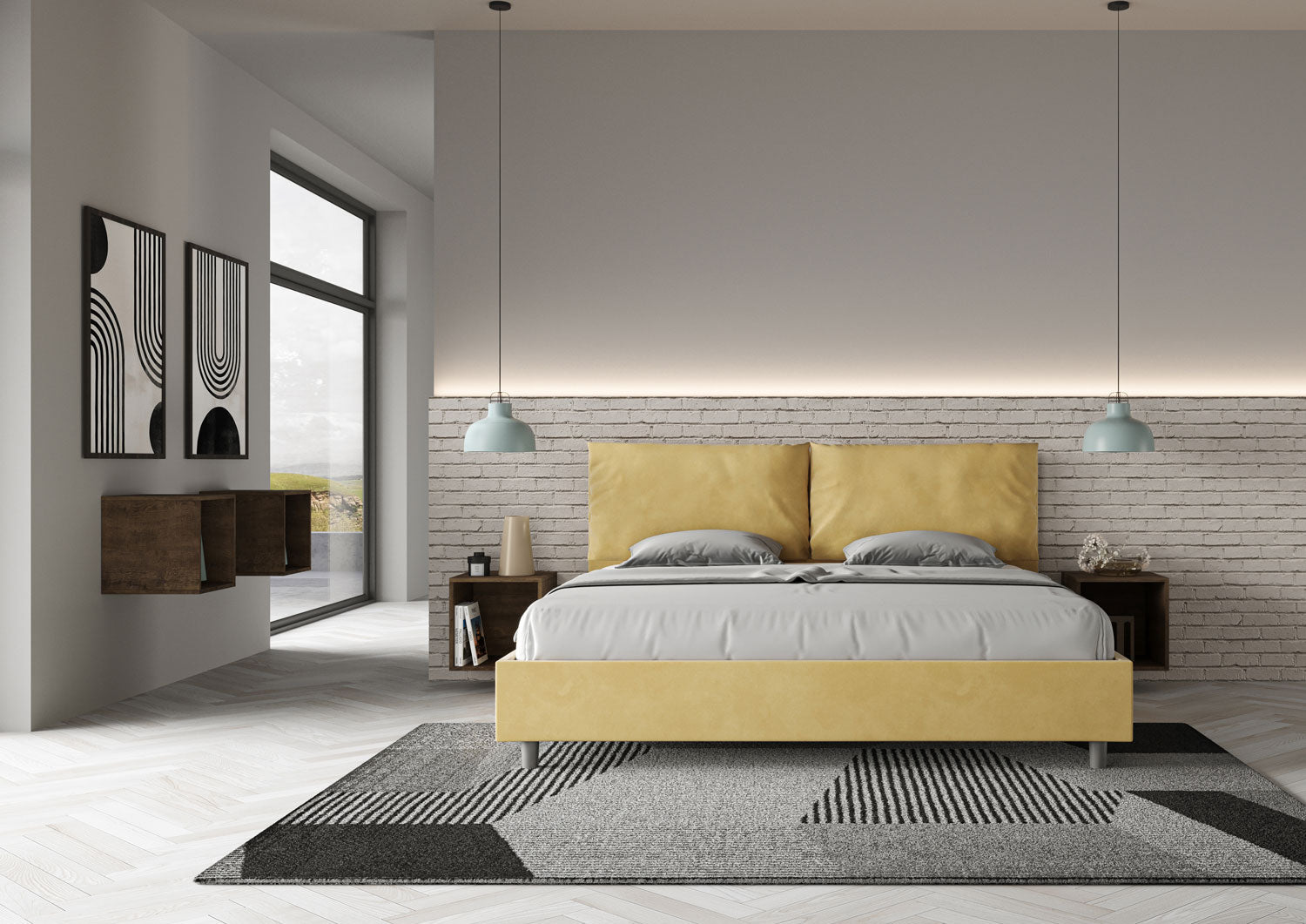 Letto Matrimoniale King Size 200x200 cm con Rete Imbottito in Microfibra Antea Large Ocra