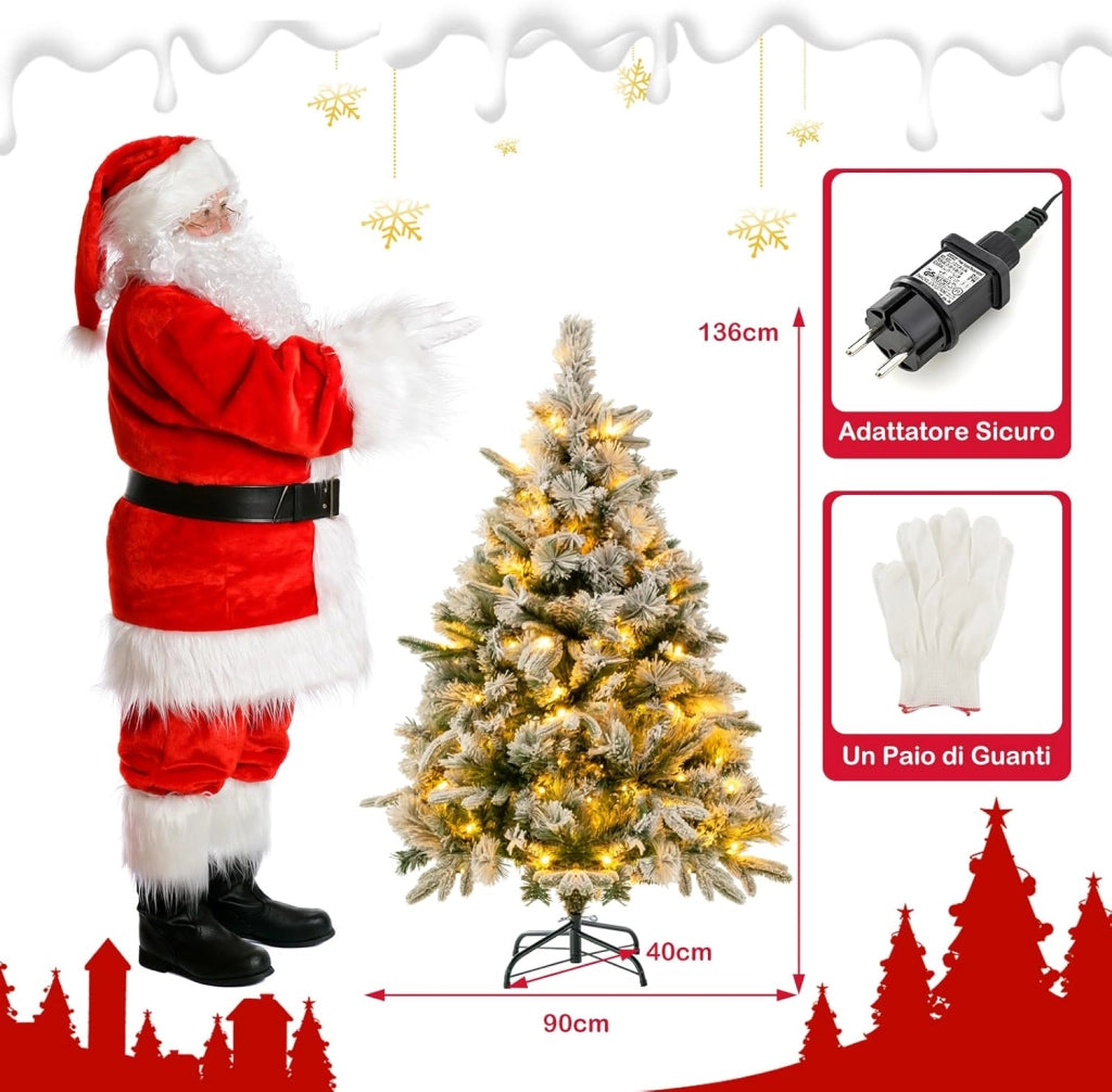 Albero di Natale Innevato136/186/215 cm, Albero di Natale con 150/250/300 Luci LED Bianco Caldo, 384/752/1096 Punte di Ramo Miste e Aghi di Pino per Casa e Ufficio (136 cm)