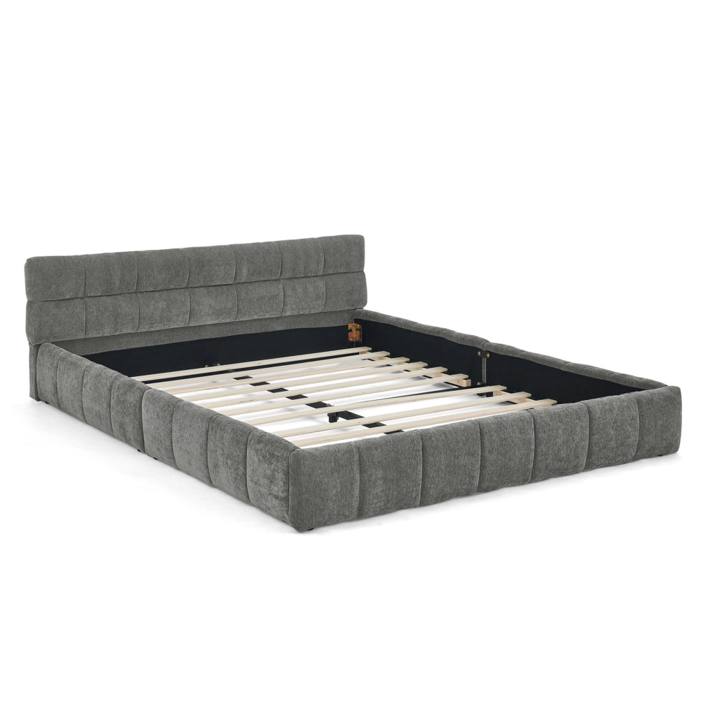 Letto matrimoniale 140x200 cm in chenille grigio scuro con struttura in legno di eucalipto e ferro
