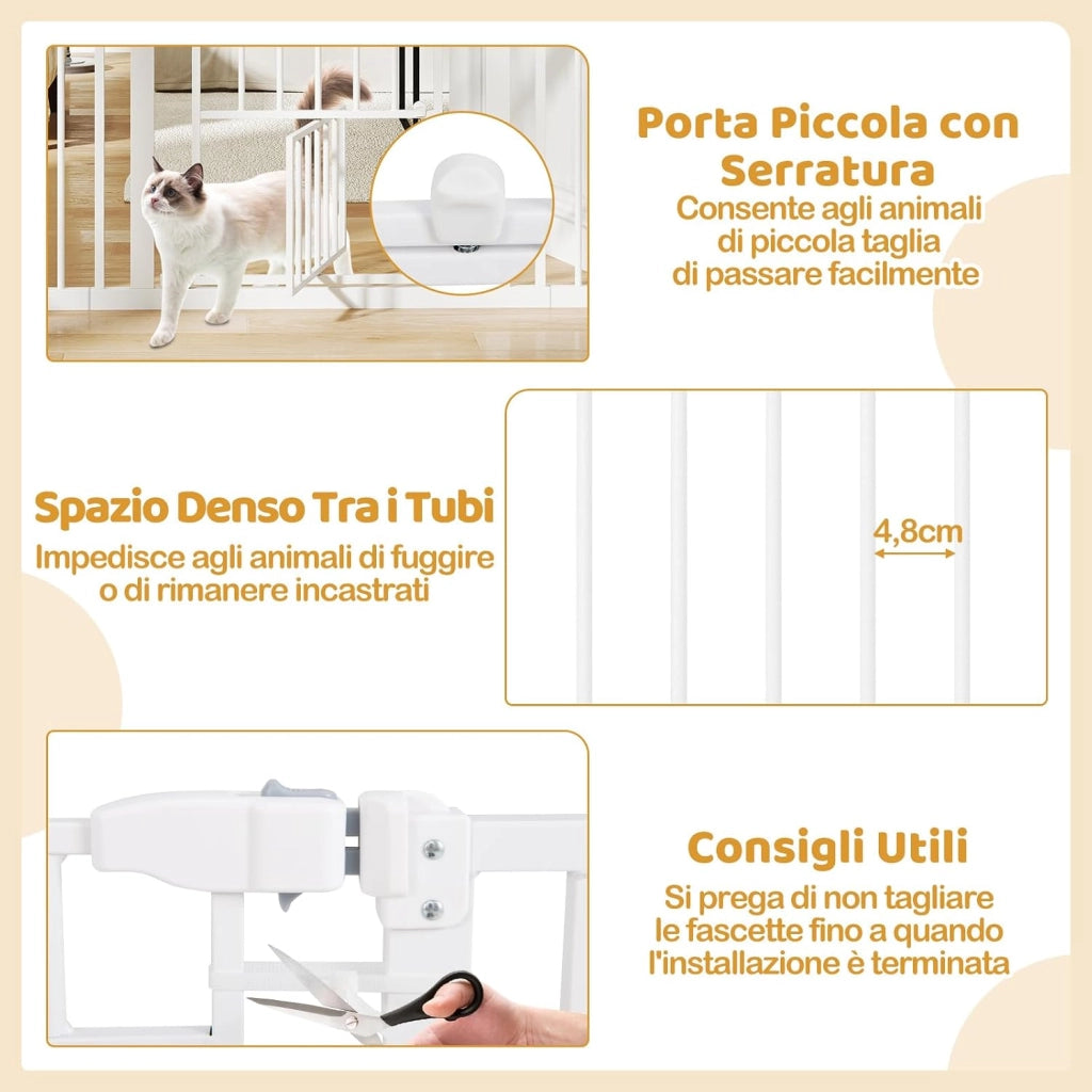 Cancelletto per Cani per Aperture 74-104 cm, Cancello per Cani con Porta Piccola, 2 Estensioni e Doppio Blocco, Cancelletto in Metallo da Interno per Cucina, Scale e Soggiorno (Bianco)