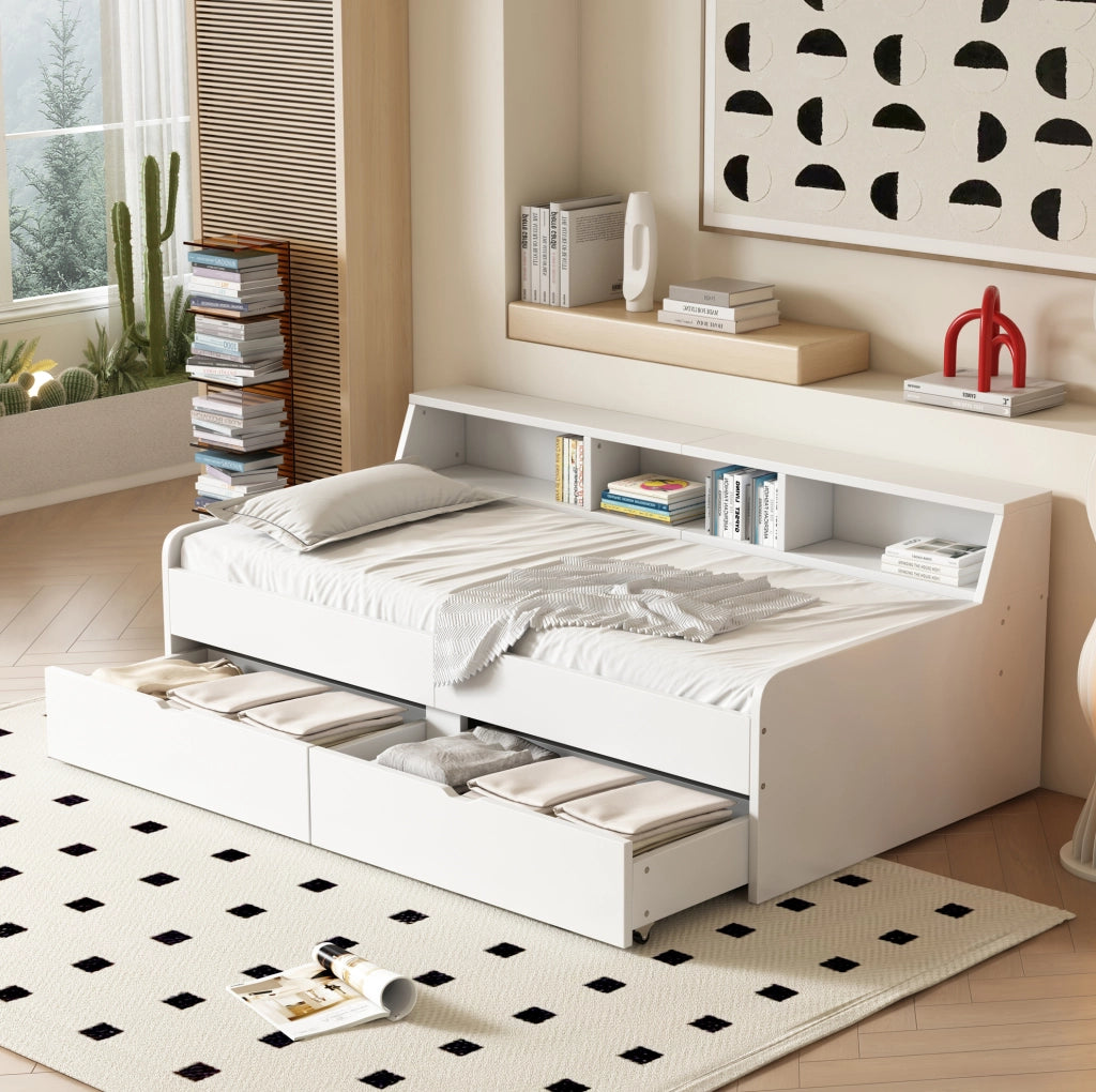 Letto singolo con 2 cassetti e vani portaoggetti 90x200 cm; bianco