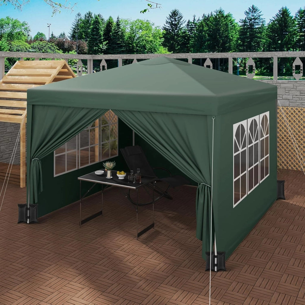 Gazebo da Giardino Richiudibile 3x3m Gazebo da Esterno in Ferro Regolabile in Altezza Tendone Pieghevole con Telo Impermeabile,Set di 4 Sacchi di Sabbia, Facile da Montare Verde