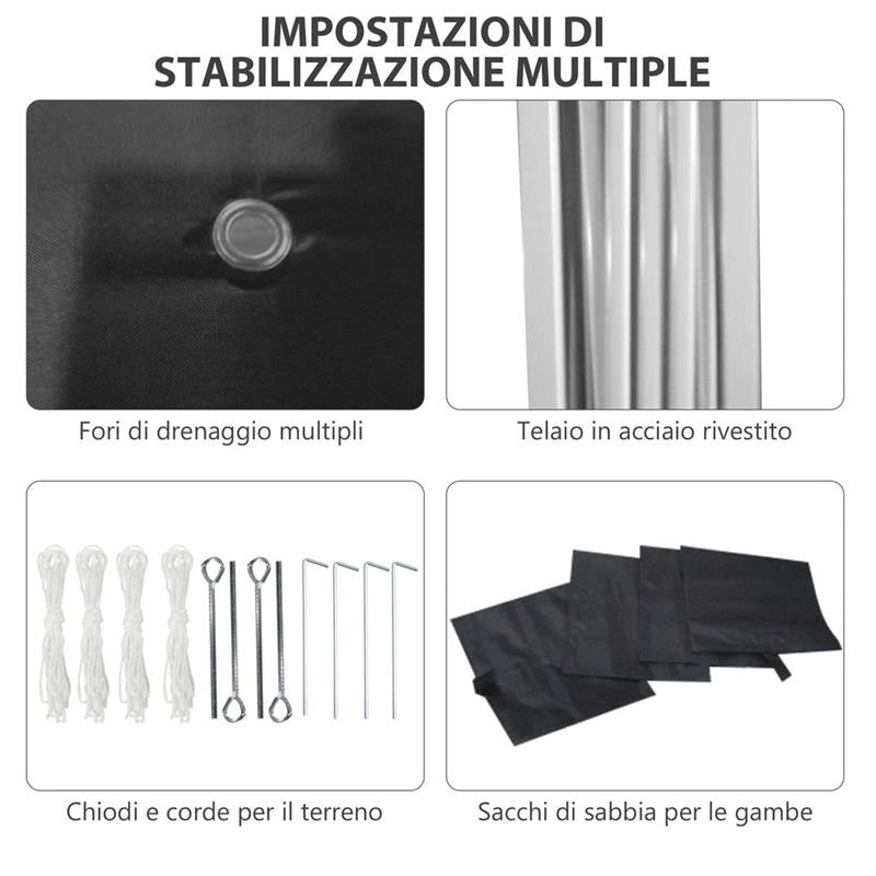 GAZEBO DA GIARDINO PIEGHEVOLE AD ALTEZZA REGOLABILE CON 2 PARETI E BORSA INCLUSA, 297X297X274 CM, NERO