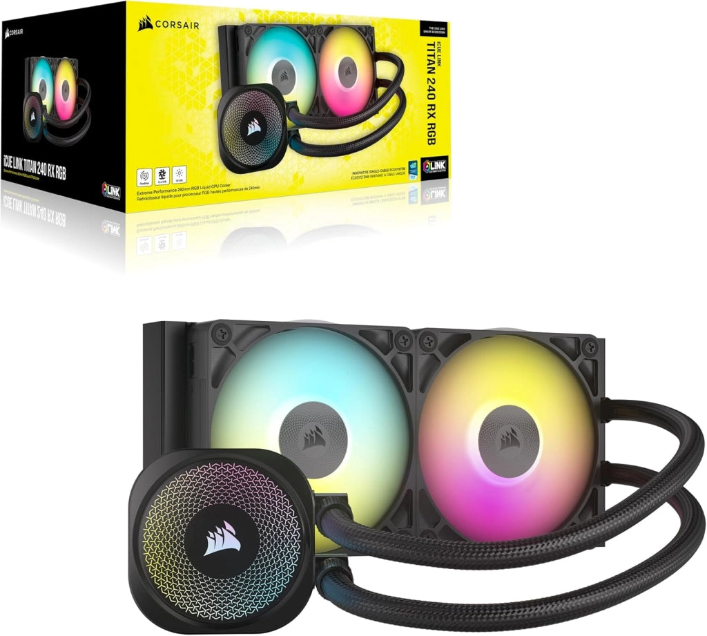 iCUE LINK TITAN 240 RX RGB Raffreddatore CPU a Liquido – 240mm AIO – 2x RX120 Ventole RGB Incluse – Adatto a Intel LGA 1851/1700, AMD AM5/AM4 – Hub di Sistema iCUE LINK Incluso – Nero