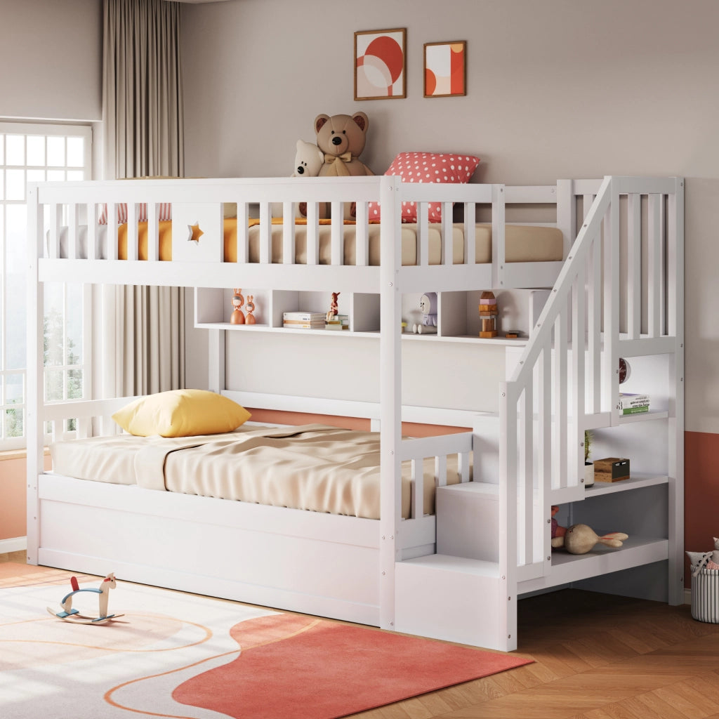 OKWISH Letto a castello 90×200 cm, Letto Singolo con Vano Contenitore Idraulico, Scaffali e Scala Contenitore, senza Materasso, Legno, Bianco