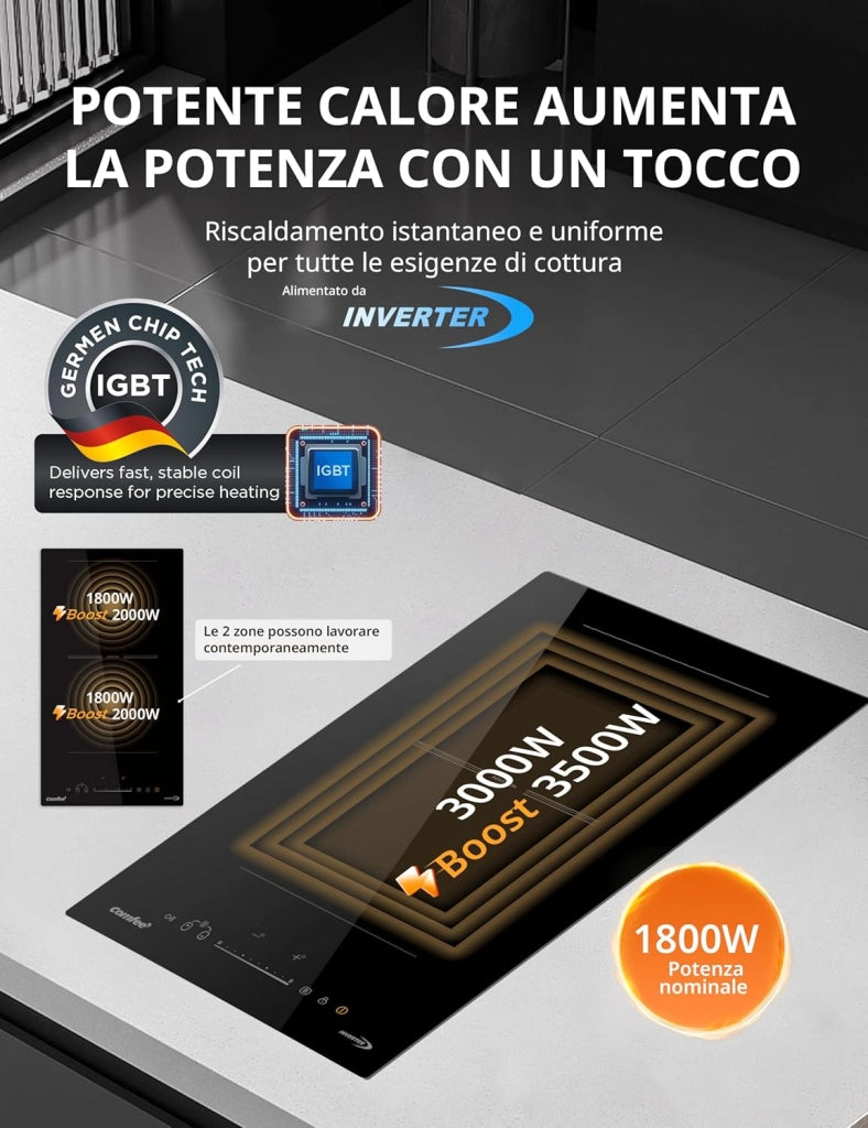Comfee' cih351d215k1 piano cottura ad induzione con 2 zone flessibili, 9 livelli di potenza con funzione boost, superficie di cottura 20% maggiore, blocco bambino, controllo a tocco