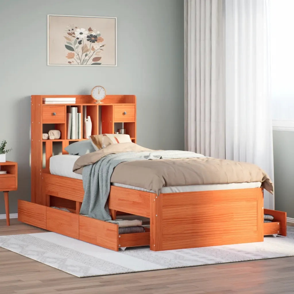 Letto singolo | Letto per adulti | Letto Libreria senza Materasso Marrone Cera 75x190 cm in Pino