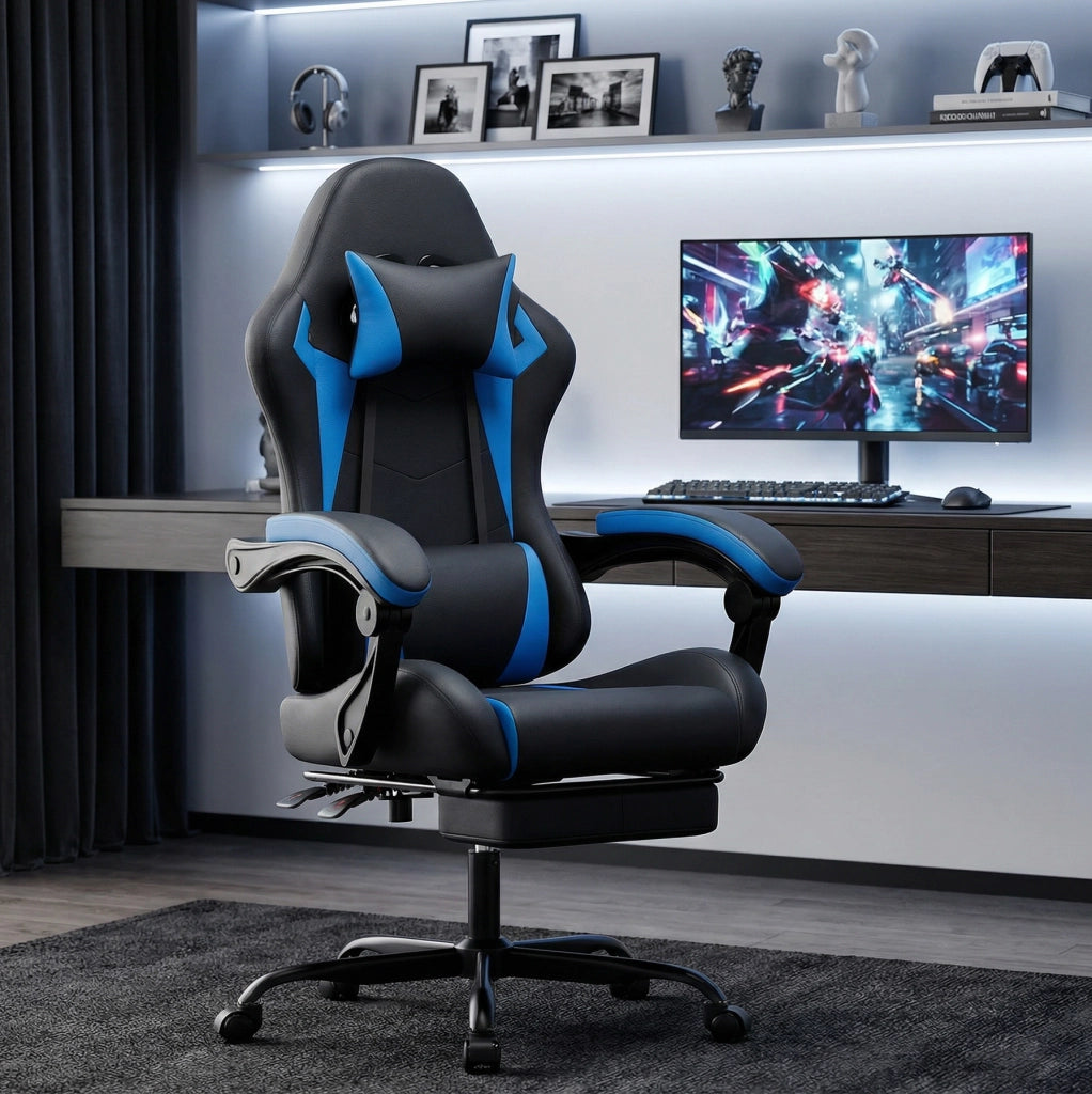 Sedia da gaming ergonomica con poggiatesta; supporto lombare e poggiapiedi retrattile; nero blu