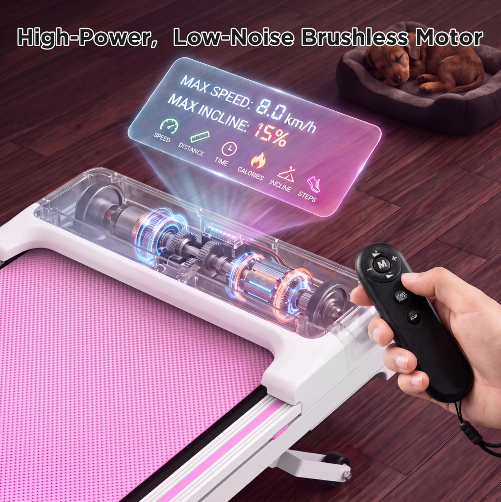 Tapis roulant ULEVR 1-8 km/h con inclinazione automatica 15%, Bluetooth, telecomando e display LED, rosa e bianco