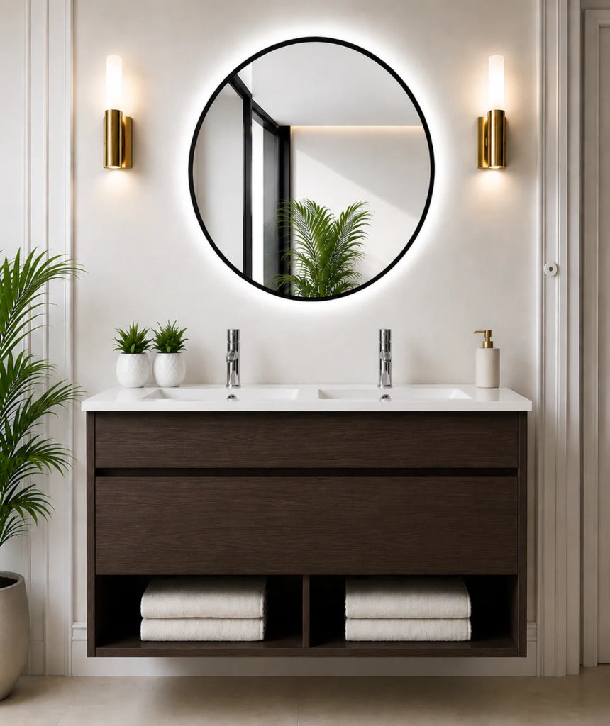 Mobile bagno sospeso con lavabo extrapiano ORIGENBATH NEBARI senza specchio 120x45 cm doppio lavabo frassino tea