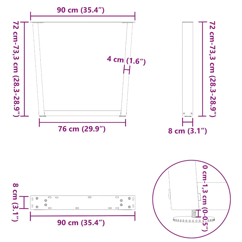 Set di 3 gambe regolabili per tavolo da pranzo a forma di V 90 x 73 cm supporto moderno e stabile in acciaio nero 02_0056954