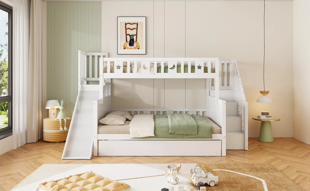 DESMIU Lit a castello per bambini 90 × 200 cm e 140 × 200 cm con scivolo, scala, vano contenitore e letto estraibile, senza materasso, bianco
