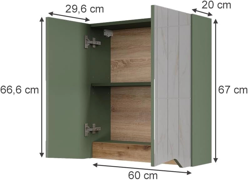 Specchio contenitore bagno Marelle, Verde/Artigianale, 60 x 67 cm con ripiano regolabile in altezza, adatto al montaggio a parete e combinabile con i mobili Marelle
