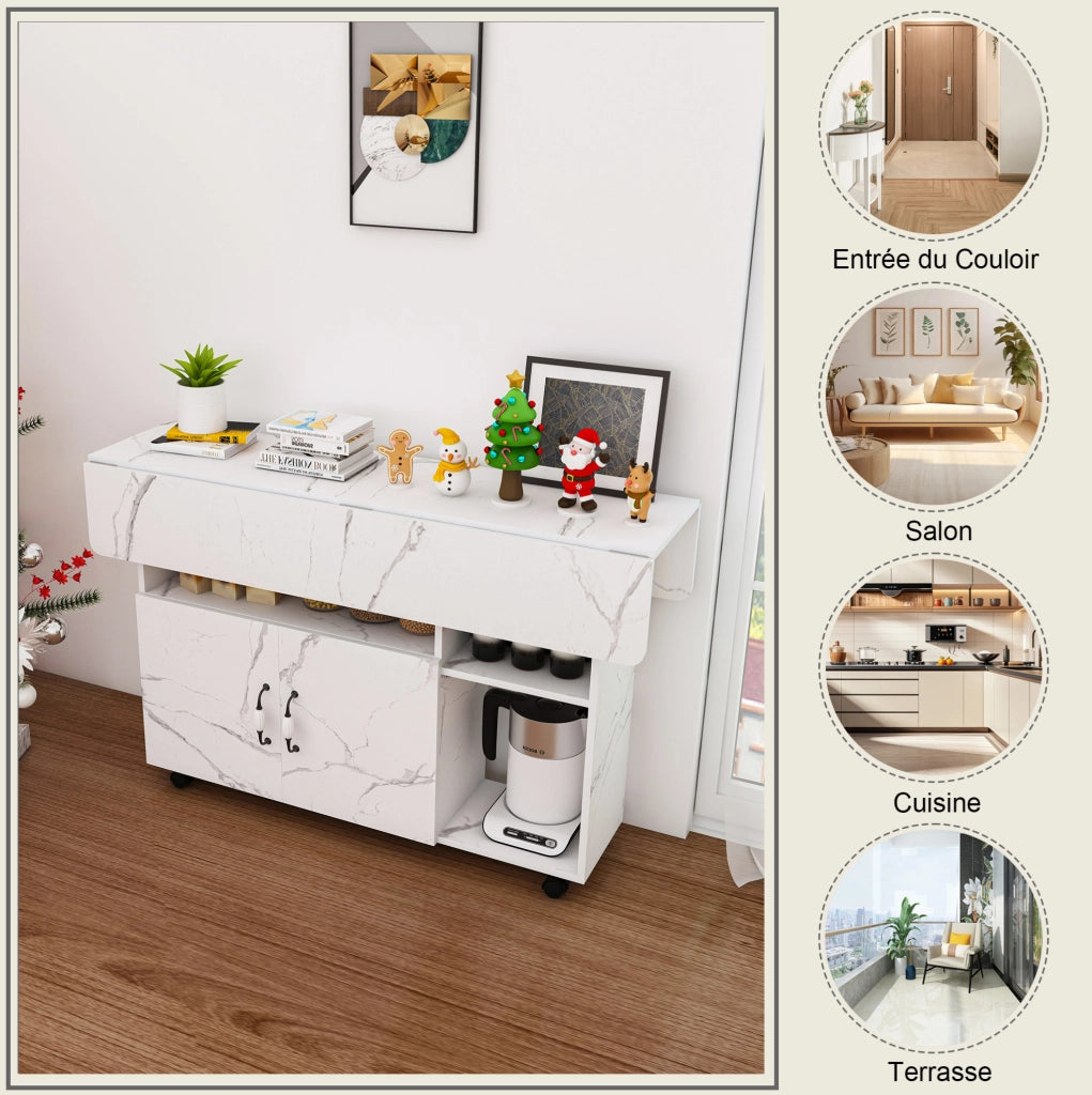 Tavolo pieghevole mobile 3 in 1 con ruote e ripiani, bianco