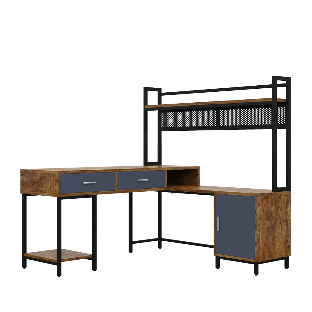 Scrivania ad angolo con 1 anta; 2 cassetti e ripiani - per studio - in MDF e metallo - 140×140×135 cm - nero
