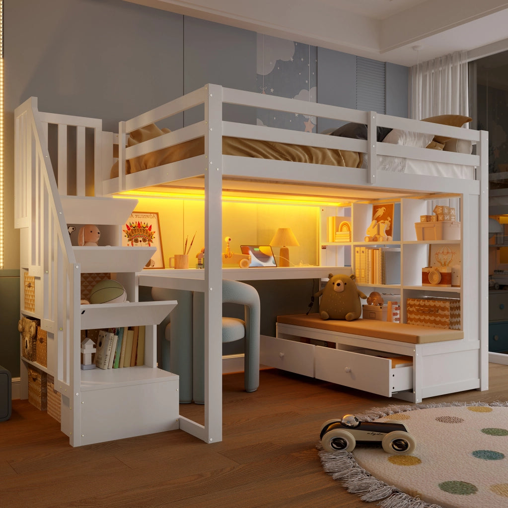 Letto a soppalco 140x200 con scrivania, ripiani, cassetti e scala contenitiva