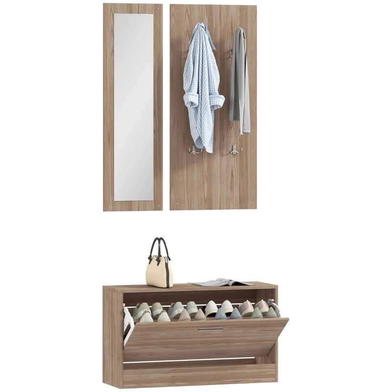 SET MOBILI DA INGRESSO CON PANCA SCARPIERA, APPENDIABITI A MURO E SPECCHIO, 80X27X46.5 CM, MARRONE SCURO