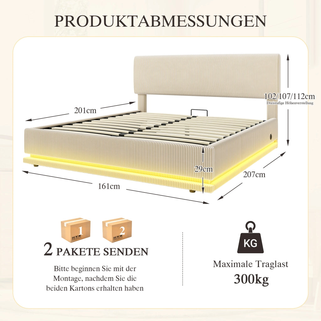 Letto moderno imbottito con LED e USB-C - Zephmum - Testiera regolabile in tessuto cord - 160x200 - Beige