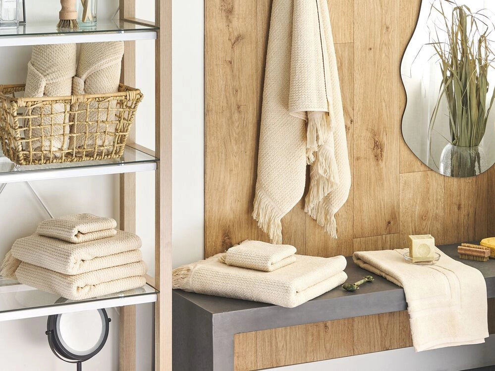 Set di 9 asciugamani bagno in spugna di cotone beige con nappe decorative