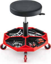 COSTWAY Sgabello da Officina con Ruote, con Ripiano per Attrezzi e Viti, Portata di 150 kg, Altezza Regolabile e Girevole, Sedia Meccanico per Garage, Officina (Rosso)