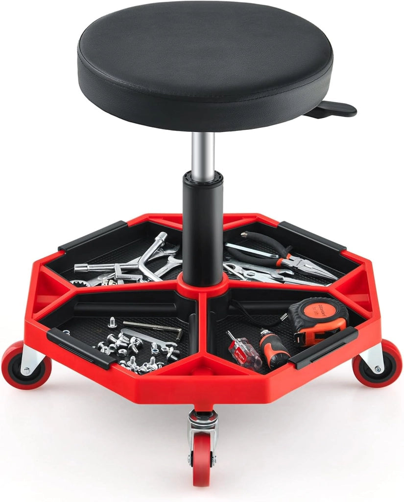 COSTWAY Sgabello da Officina con Ruote, con Ripiano per Attrezzi e Viti, Portata di 150 kg, Altezza Regolabile e Girevole, Sedia Meccanico per Garage, Officina (Rosso)