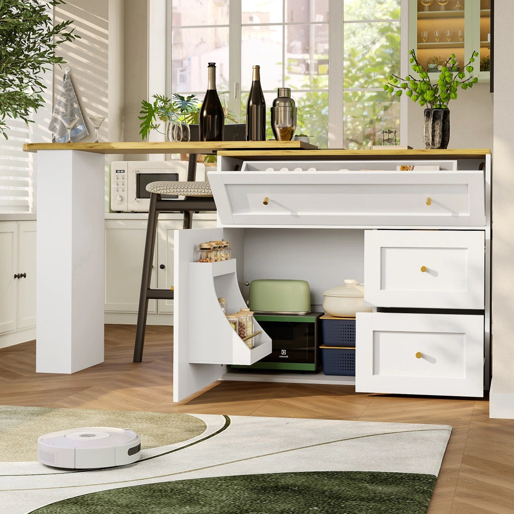 Tavolo Bar Estensibile con 2 Cassetti a Ribalta; Vani Contenitore e Piano Girevole; in MDF; 138-204x39x105 cm; Bianco