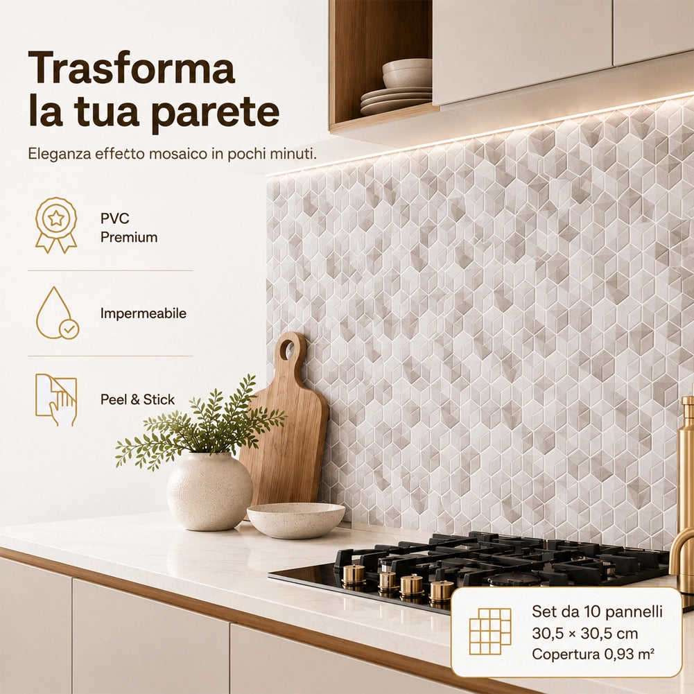 Set 10 Pannelli Adesivi Piastrelle da Parete 30,5 cm Decoro Geometrica in PVC Beige