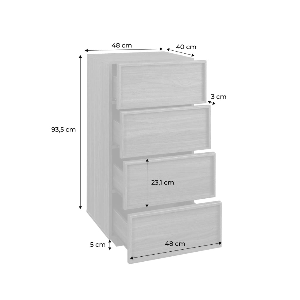 Cassettiera alta con 4 cassetti effetto legno, noce