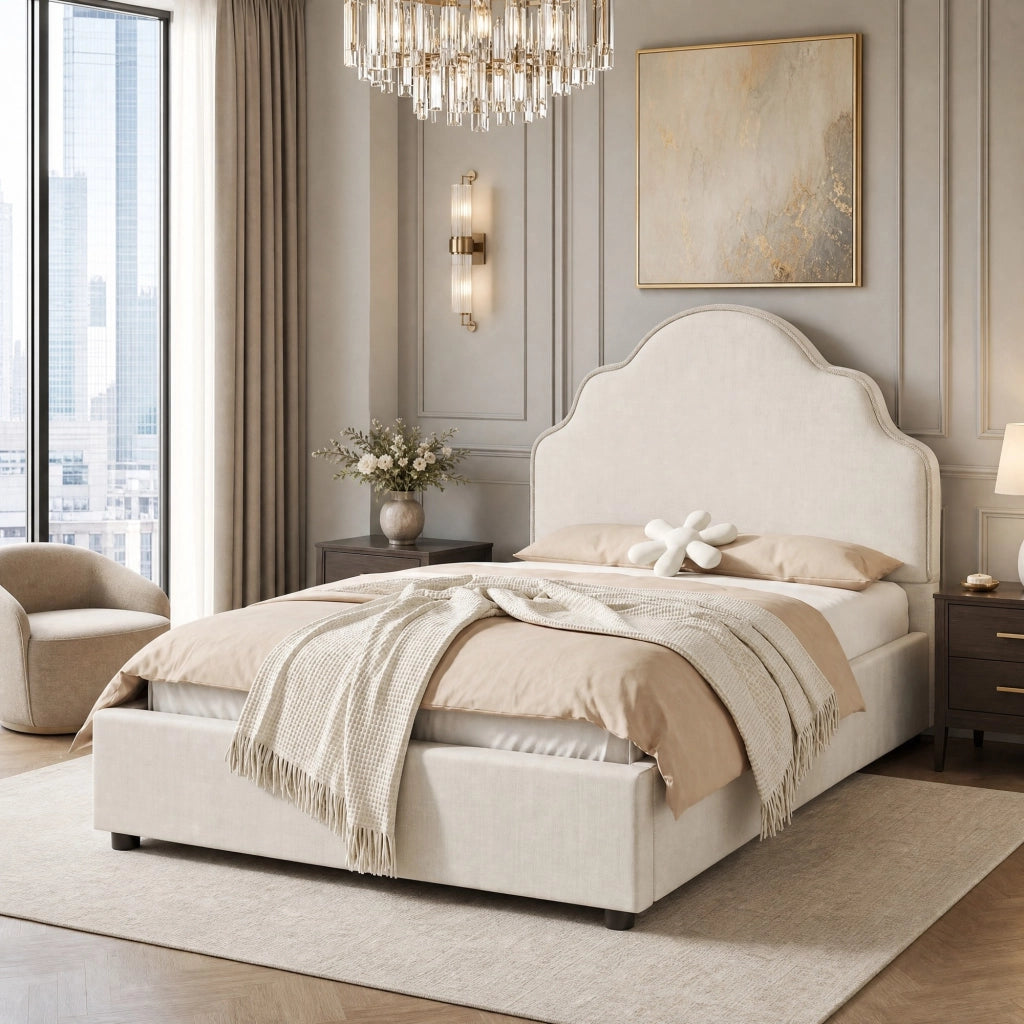 Letto per bambini 90 × 200 cm con testiera imbottita a forma di nuvola, senza materasso, in lino beige