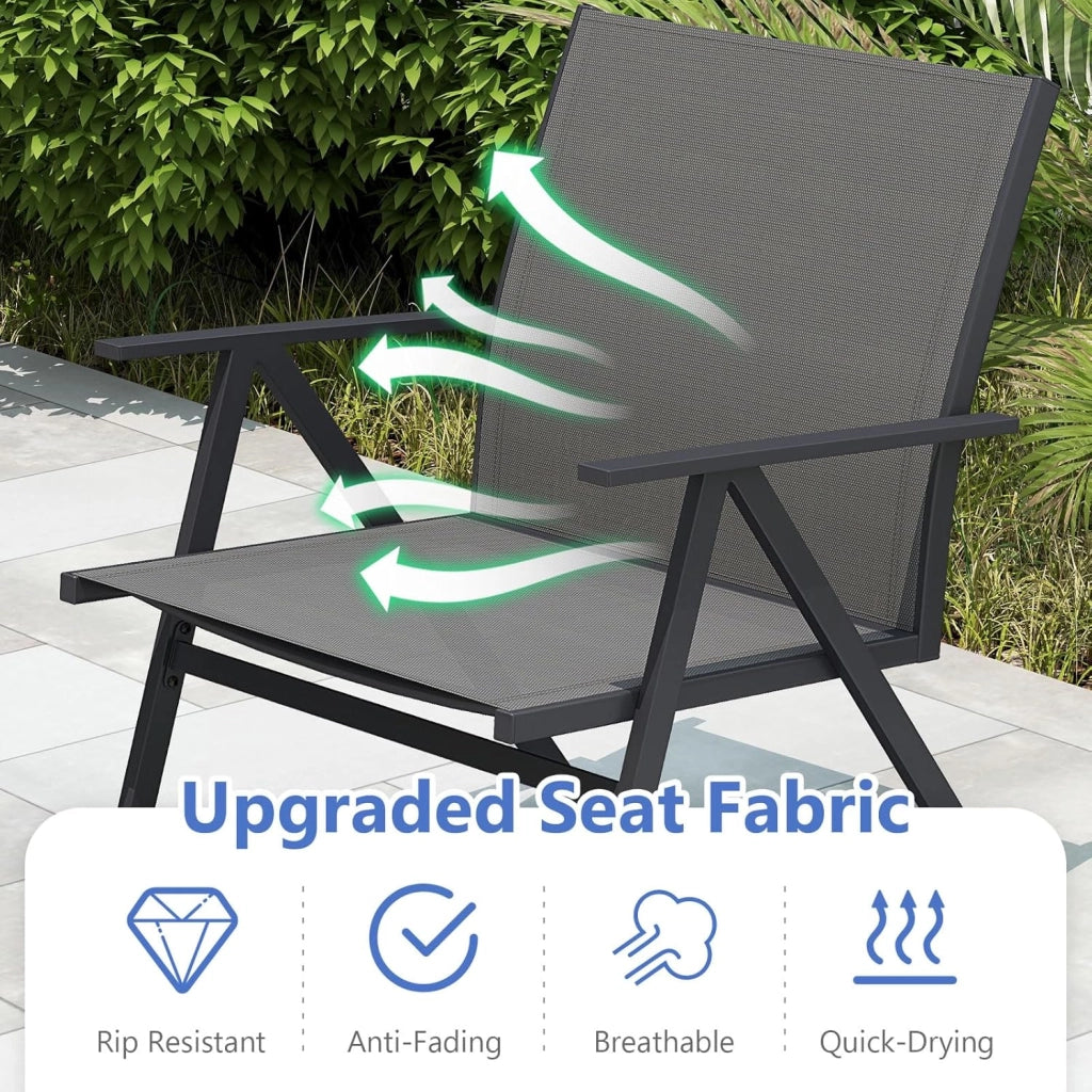 Set di 2 Sedie da Esterno, Sedie con Struttura in Metallo e Tessuto Traspirante, Schienale Reclinabile, Braccioli e Piedini Regolabili, Poltrone per Patio, Giardino, Terrazza