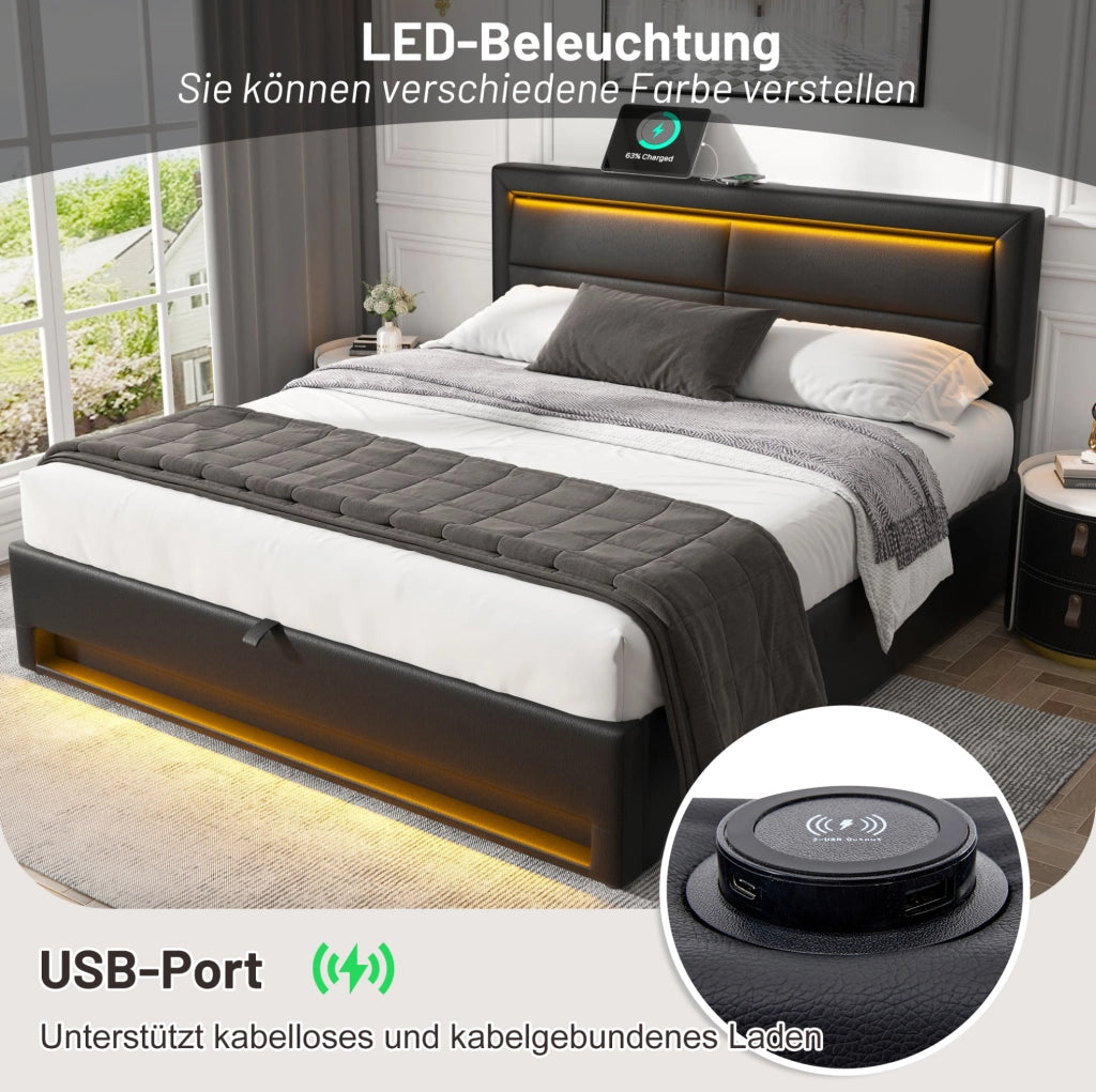 Letto imbottito 140x200 cm con LED, USB e vano contenitore