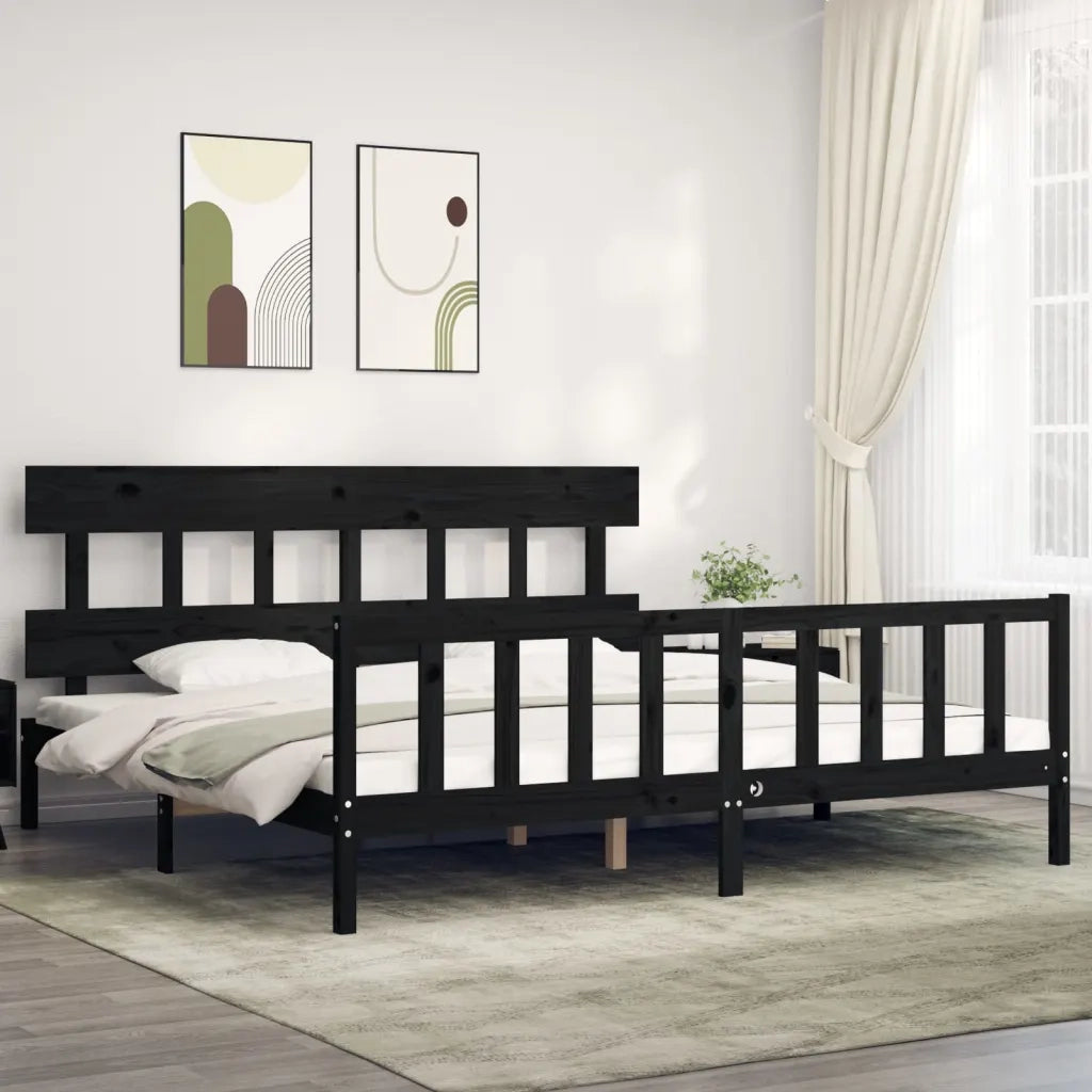 Letto matrimoniale | Letto per adulti | Giroletto con Testiera Nero 200x200 cm in Legno Massello