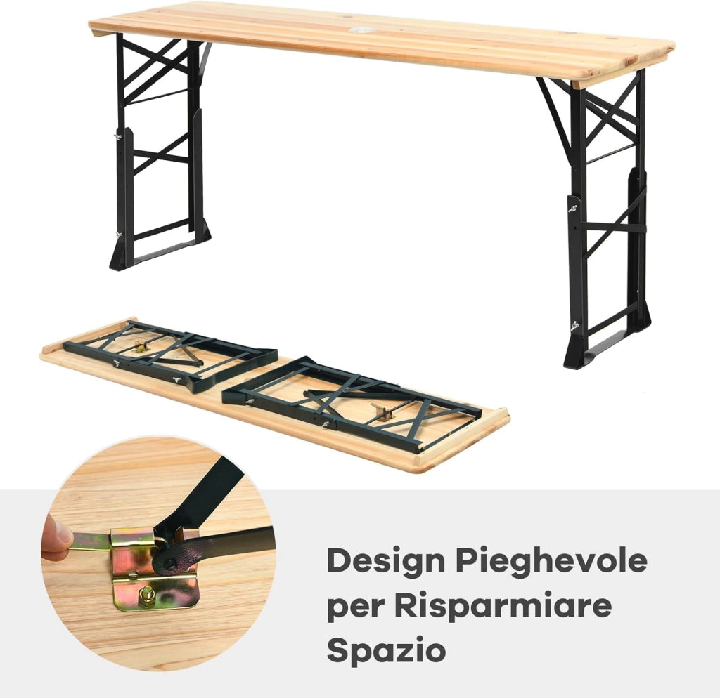 Tavolo da Picnic Pieghevole per Esterni da 168,5 cm, Tavolo da Campeggio in Legno con Altezza Regolabile, Tavolo per Birra con Foro per Ombrellone, 168,5 x 50 x 75/105 cm