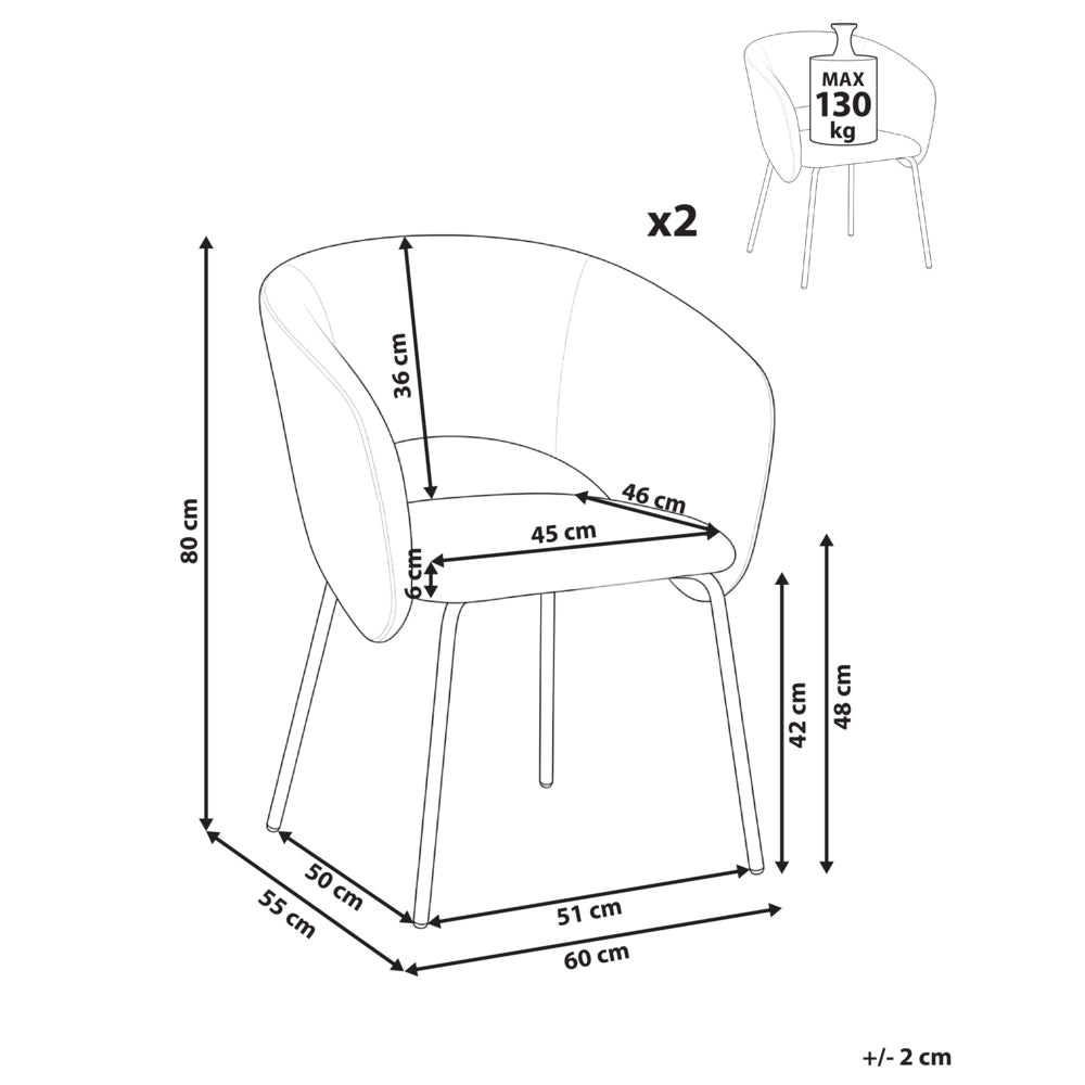 Set di 2 sedie da pranzo senza braccioli, rivestimento bianco sporco, base in metallo, design retrò