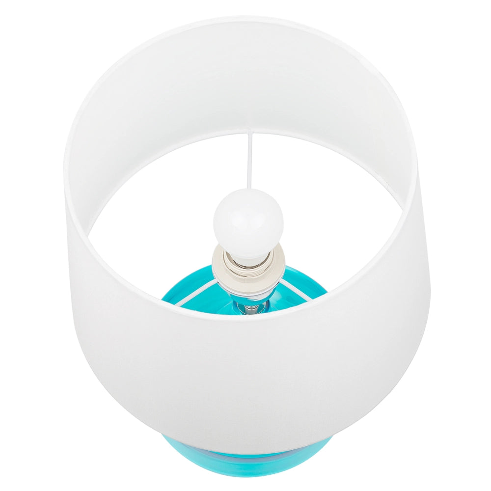Lampada da Tavolo Turchese e Bianco con Base in Vetro Trasparente Paralume Tamburo in Poliestere Design Moderno
