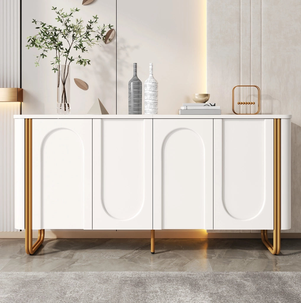 Sideboard in MDF Weiß mit Bogenrelief, 4 Türen, Eisenfüße, 160x35x80,5 cm