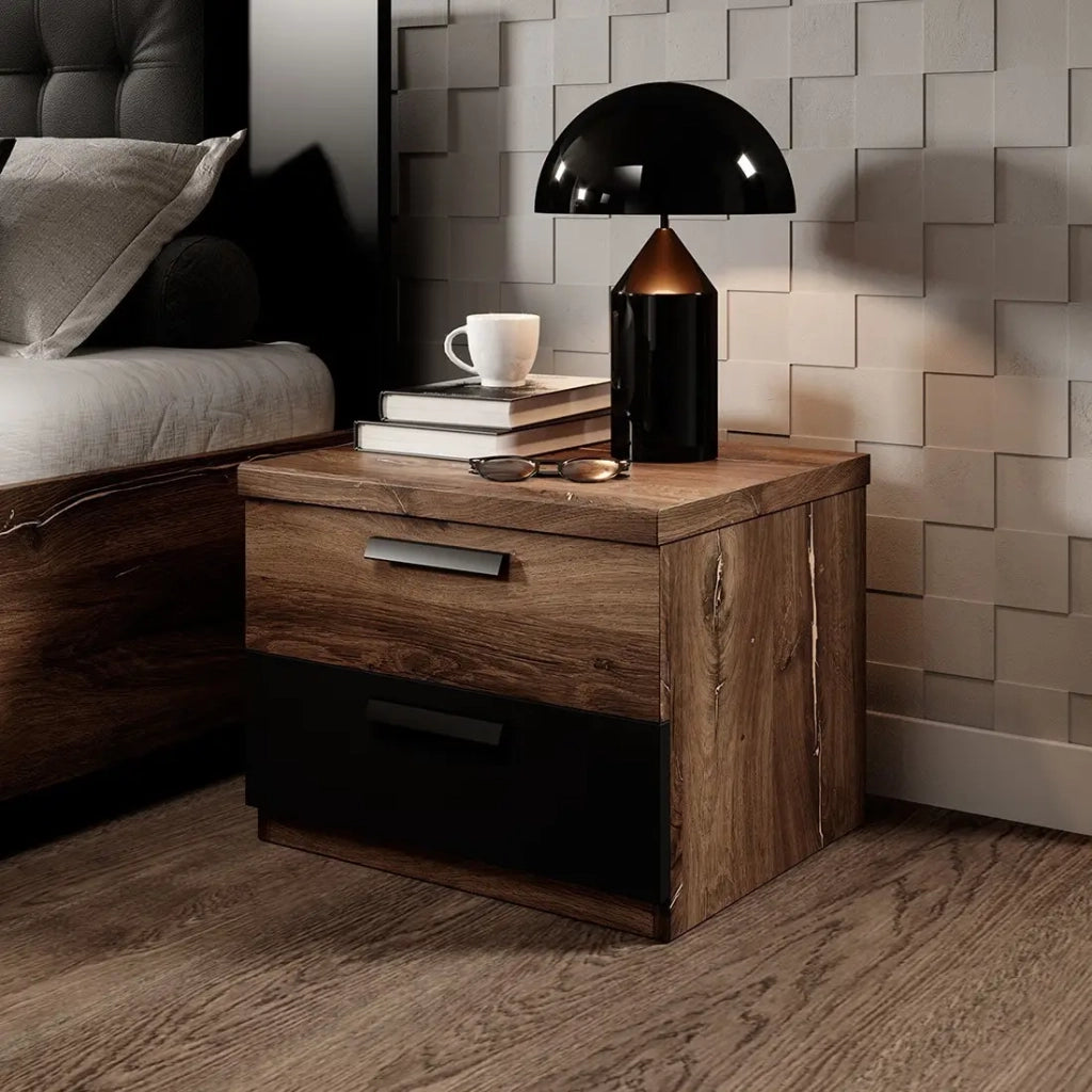 Tavolino da notte 2 cassetti – Rovere scuro e nero – Collezione FOX