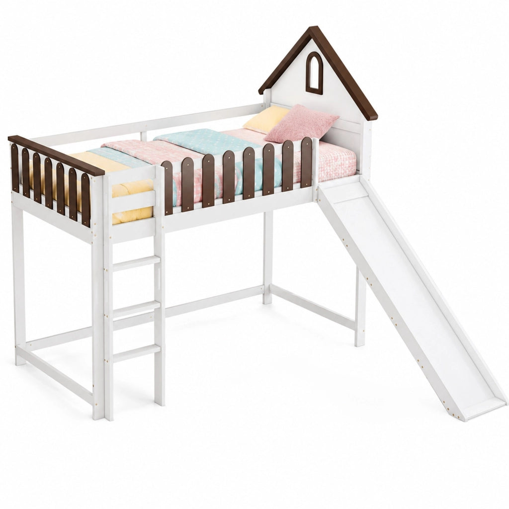Letto a soppalco 90x200 cm bianco e noce, con scivolo e scala