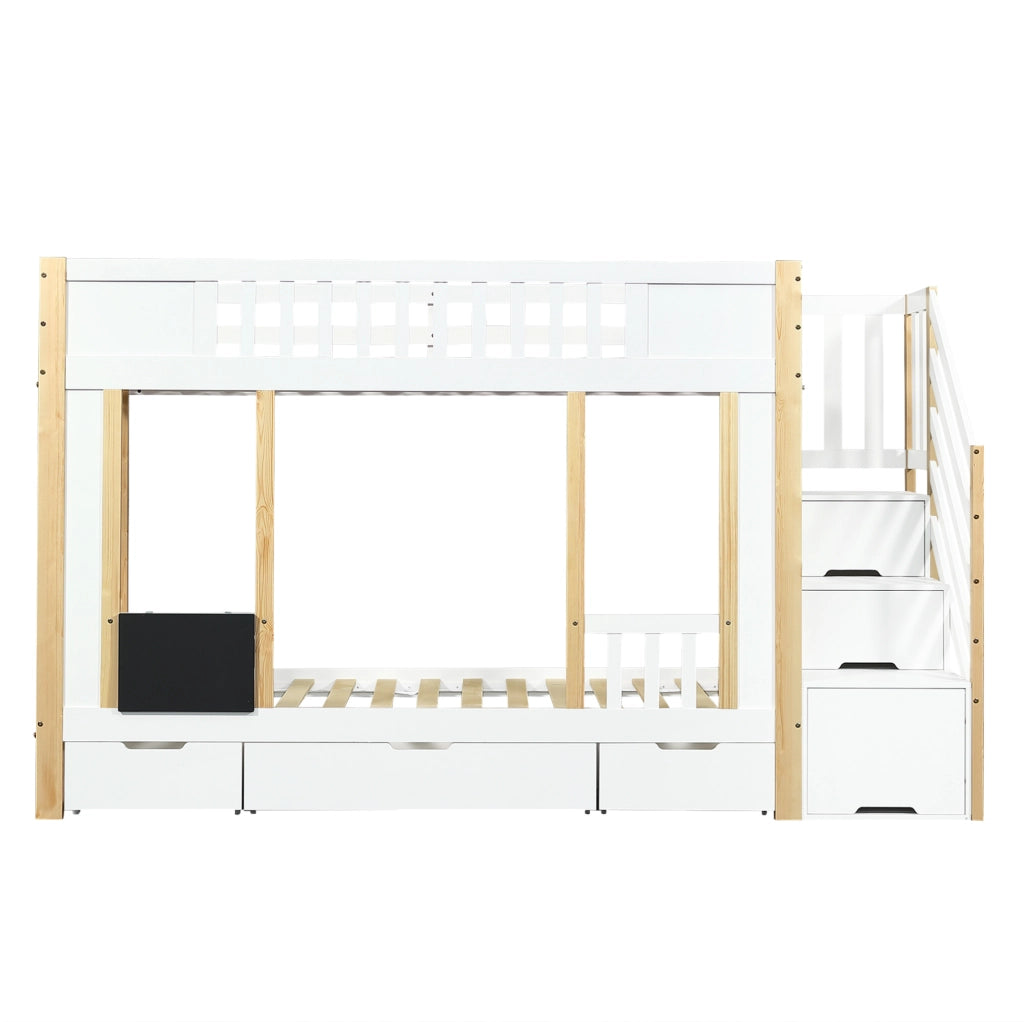 Letto a castello per bambini 90x200 cm con scala contenitore, 3 cassetti e lavagnetta, bianco e naturale